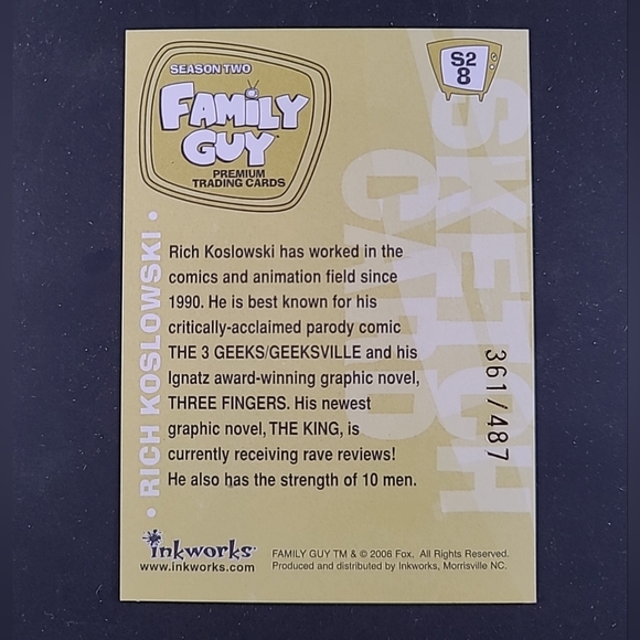 #361/487 CLEVELAND - 2006 Family Guy S2 TCG Sketch Card Rich Koslowski Inkworks - Picture 2 of 2
